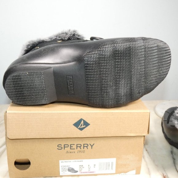 Sperry Faux Fur Saltwater 1-Eye Rain Boot, Black/Black, Duckboot Shoe 8 - Picture 9 of 10
